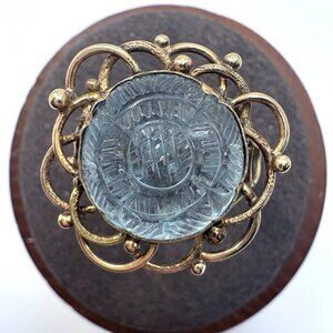 Antique 14k Yellow Gold Carved Aquamarine Ring Scalloped Design Ring Size 6.75